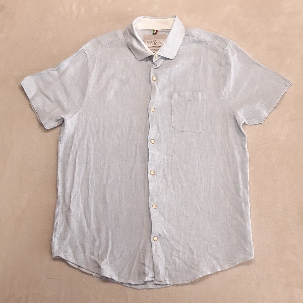 Bruno Positano Mens SS Washable Linen Button Shirt Med. Blue Rayon Blend